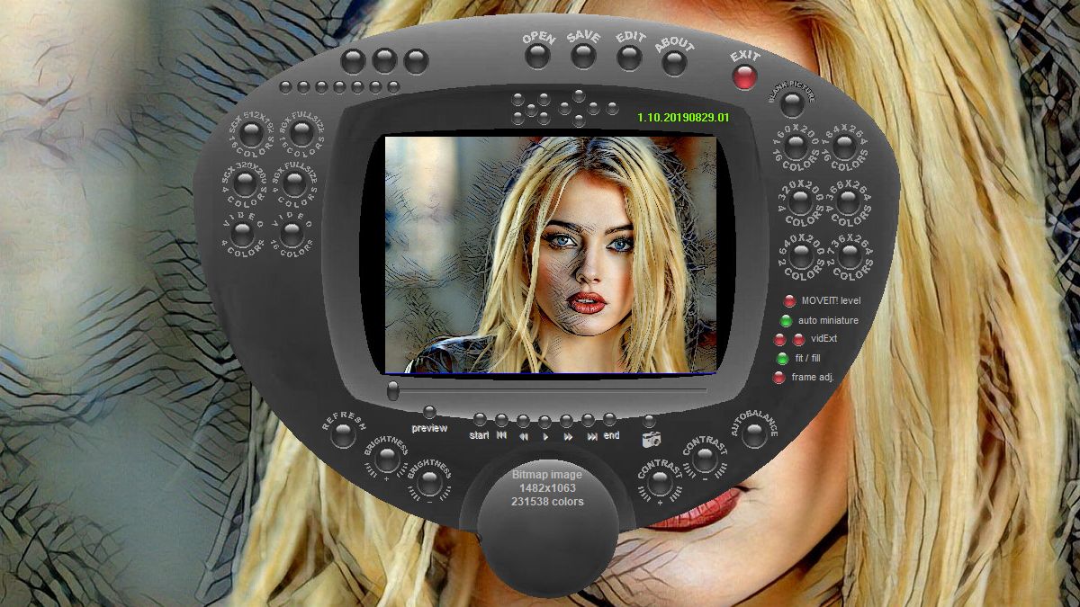 A close-up of a blonde woman looking directly into the camera with a serious expression. In the center is the interface of the 'CPiC', which is an image and video converter software. The background is the same photo as in the program's interface.