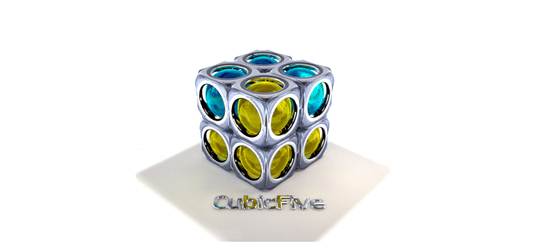 The start screen of the 'CubicFive' game. 3D rendering of a cube-shaped object made up of multiple colored layers, including blue, yellow, and silver. The cube is placed on a white surface, and the word 'CubicFive' is written in silver text below it. The background is solid white.