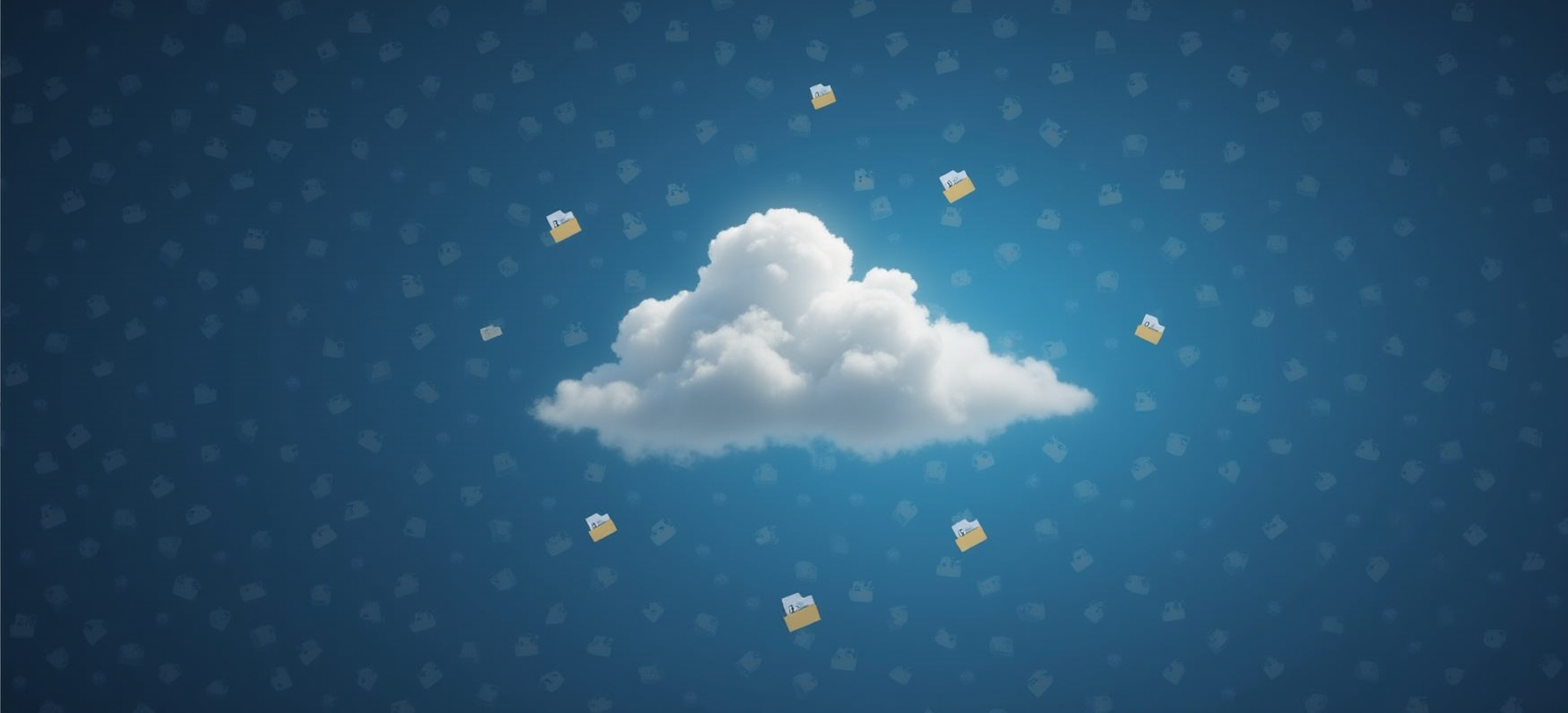 Digital illustration of a white cloud on a dark blue background, surrounded by scattered folder icons. Assigned to the downloads section.