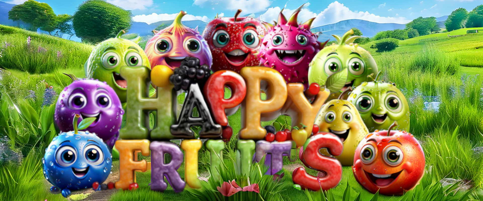 The start screen of the game 'Happy Fruits'. A digital illustration of a group of colorful fruits in a green field with rolling hills and a blue sky in the background. The text 'Happy Fruits' appears in a fun font in the center of the image. Around the text are different types of fruits, including apples, oranges, bananas, grapes, strawberries, and blueberries, arranged so that they look smiling and happy. The colors are bright and vibrant, creating a joyful atmosphere.