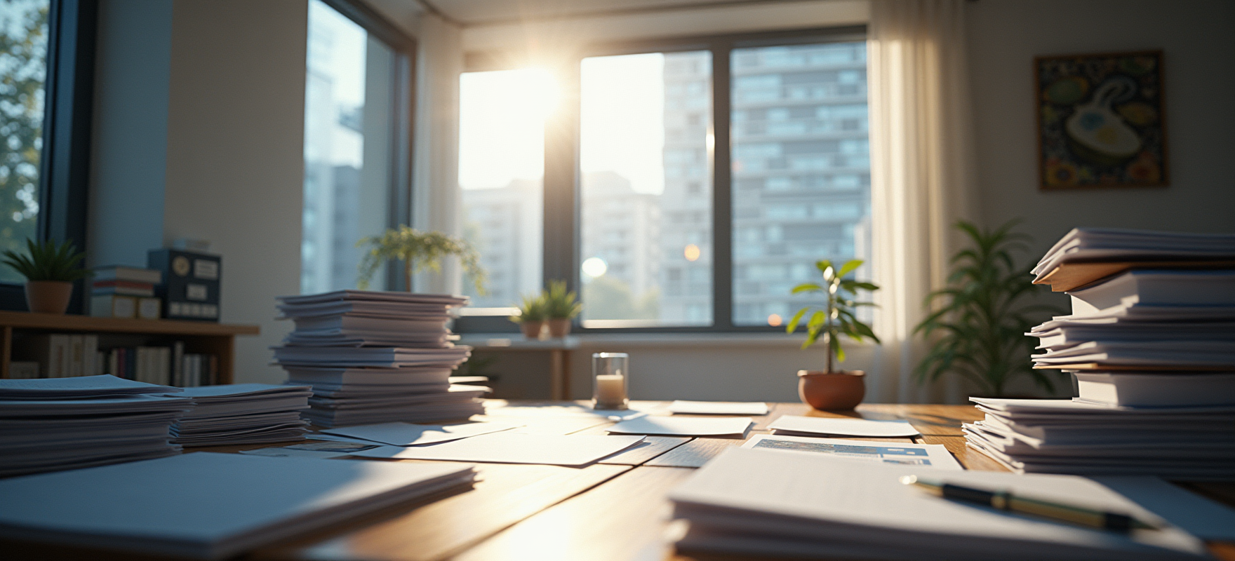 A professional, bright and spacious office with a desk in the center and a bookshelf to the left. On the desk are papers, books and a pen, and to the right is a stack of papers and a small potted plant. A large open window in the background lets in natural light, offering a view of the city.