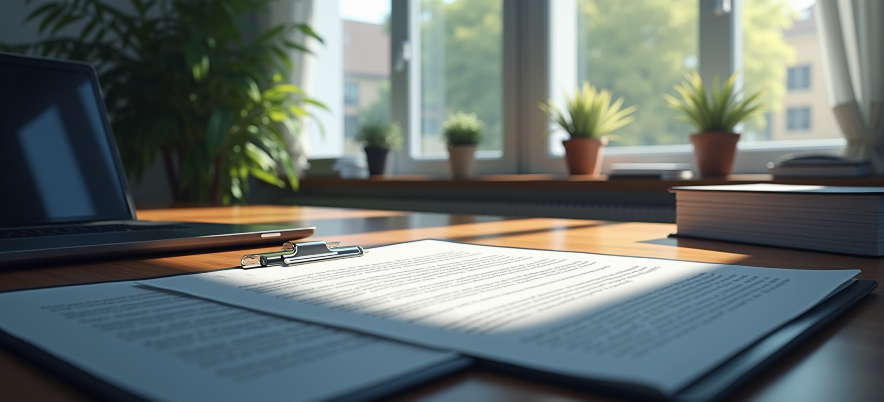 The professional office. In front of a large window on the desk is a laptop, clipboard, book, and legal document. View of trees and buildings outside in the background. Several potted plants adorn the windowsill.