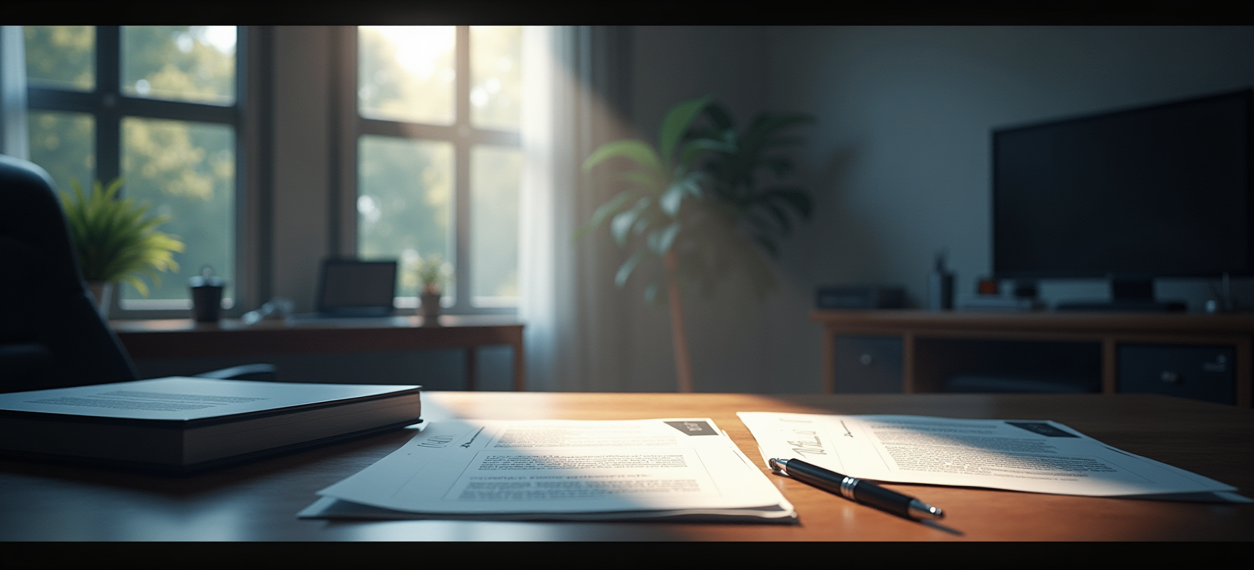 Professional office with wooden desk. Papers, contract and document and pen on the desk. Black chair in front of the desk. In the corner a plant and a screen on a cabinet. In the background a window and a view of trees outside.