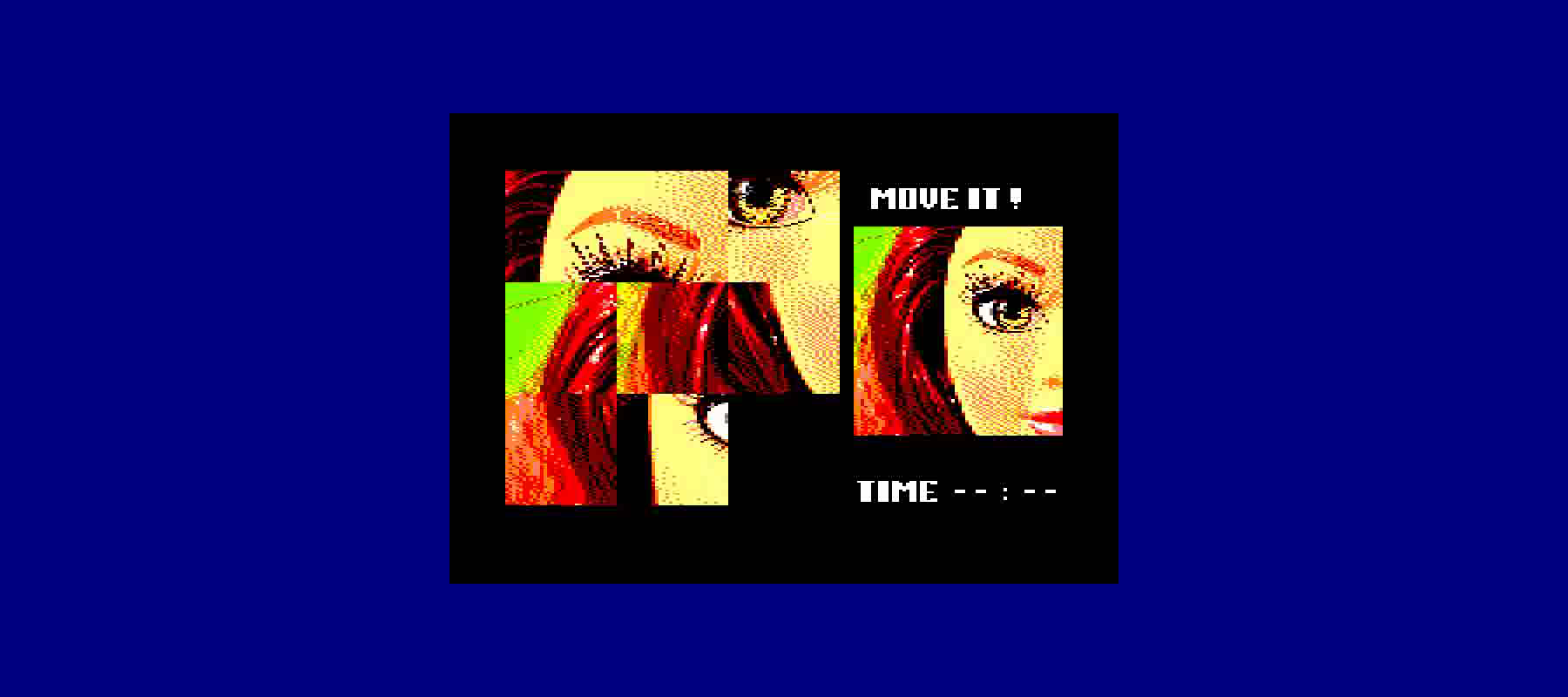 A square graphic with a black background with images of a woman's face, from the puzzle game 'Move It!'. The first image on the right is a close-up of her face, with her eyes looking directly at the viewer. Above the image is the word 'Move It!' in white text, below the word 'TIME.' The image on the left is mixed like a puzzle. The color scheme is red, yellow, and green. All of this is on a blue background.