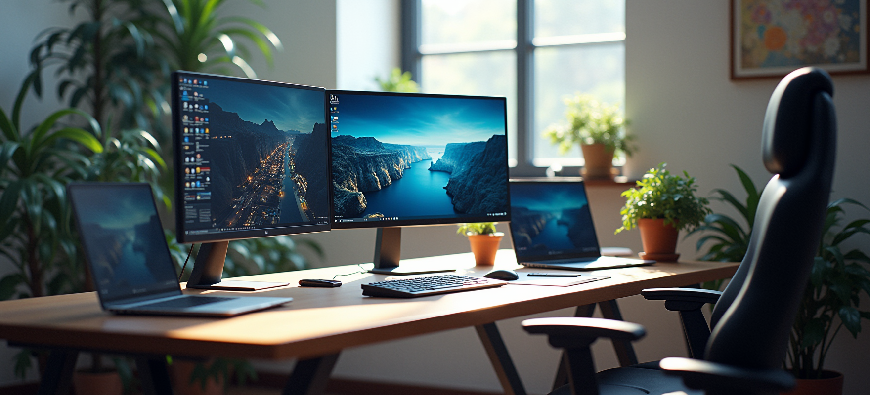 An office with a large window, a wooden desk, a black office chair in front of it, and several potted plants. On the desk are two computer monitors and two laptops. A laptop, on the left side with a keyboard and mouse, and a second one on the right. The monitors display a landscape images.