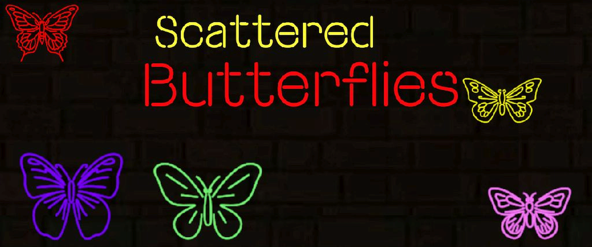 The start screen of the game 'Scattered Butterflies'. A digital illustration of a group of colorful fruits in a green field with rolling hills and a blue sky in the background. The text 'Scattered Butterflies' appears in a fun font in the center of the image. Around the text are different types of fruits, including apples, oranges, bananas, grapes, strawberries, and blueberries, arranged so that they look smiling and happy. The colors are bright and vibrant, creating a joyful atmosphere.