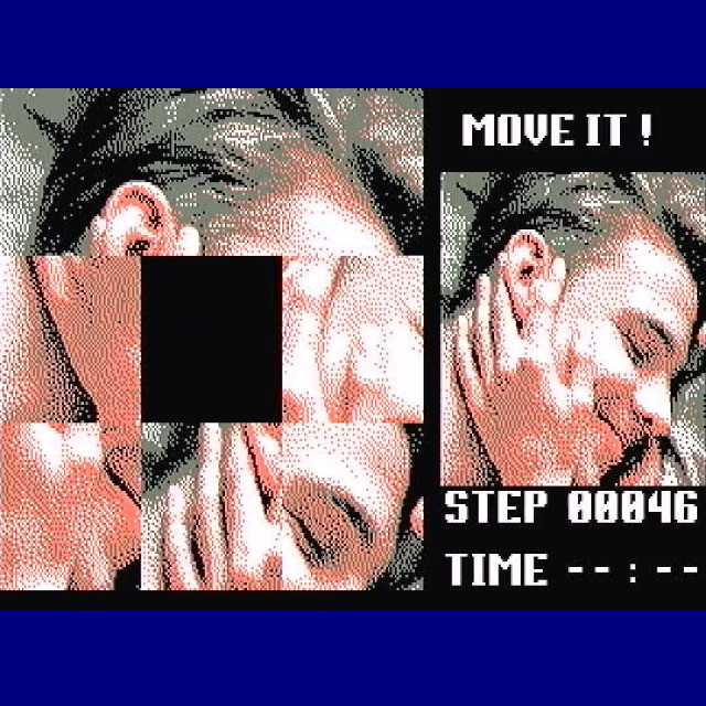 A square graphic on a black background depicting a mixed image, a puzzle of a man's face and a woman's hand on his face, from the game 'Move It!''. 'Move It!' in white text on the right side, above the unmixed image, and below it the text 'STEP 00846' and 'TIME', all on a blue background.